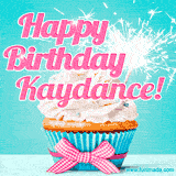 A festive cupcake with pink icing, a gingham bow, and a lit animated sparkler, paired with 'Happy Birthday Kaydance!' in bright pink text.