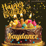 A delightful chocolate birthday cake with bright candles and 'Happy Birthday Kaydance' written in gold amidst a shower of animated stars.