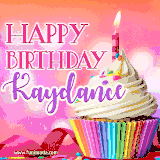 A vibrant birthday GIF featuring a rainbow-colored cupcake topped with white frosting, sprinkles, and a lit candle. The text reads 'Happy Birthday Kaydance' in bold pink and violet letters with white outline.