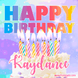 A vibrant animated name GIF with the words 'Happy Birthday Kaydance' with colorful candles on a creamy cake. The background sparkles with pastel shades, adding a festive touch.