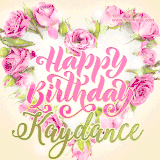 A stunning heart made of pink roses surrounds the elegant script text 'Happy Birthday Kaydance' on a soft beige background. Animated sparkles add a magical and festive feel.