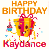 A vibrant and funny gift box character with a happy face dancing with a cupcake and the text 'Happy Birthday Kaydance,' surrounded by animated confetti and party vibes.