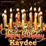 A glowing personalized birthday GIF with name Kaydee featuring lit candles with intricate designs, warm lighting, and the text 'Happy Birthday' in an elegant font.