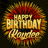 Golden 'Happy Birthday Kaydee' text accompanied by animated rainbow fireworks for a festive animated greeting.
