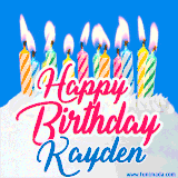 A cheerful animated GIF featuring colorful lit birthday candles on a white cake, with the text 'Happy Birthday Kayden' in bold red and blue script on a bright blue background.