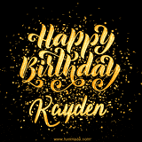 Animated GIF with colorful, festive 'Happy Birthday Kayden' text decorated with patterns, a party hat, and falling confetti. A vibrant and cheerful design for birthday celebrations.