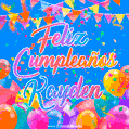 A vibrant animated GIF with 'Feliz Cumpleaños Kayden' written in colorful script, surrounded by balloons, confetti, and bunting on a bright blue background.