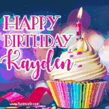 A festive animated GIF featuring a colorful cupcake with a single lit candle, sprinkles, and 'Happy Birthday Kayden' text against a sparkling, celebratory background.