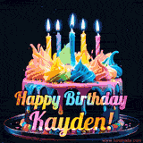 A vibrant animated GIF featuring a colorful rotating birthday cake with bright frosting swirls, glowing candles, and the text 'Happy Birthday Kayden!' in rainbow colors.