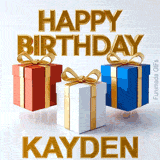Seamlessly looping animation of bouncing red, white, and blue gift packages with elegant gold text saying Happy Birthday Kayden