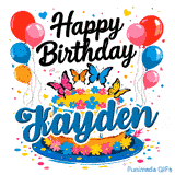 Shimmering colors and scattered confetti around a personalized cake with butterflies and balloons for Kayden.