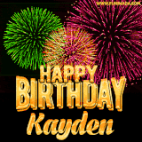A captivating GIF with bursts of green, pink, and orange fireworks lighting up the night sky, accompanied by 'Happy Birthday Kayden' in glowing golden text.