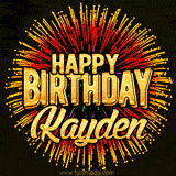 Golden 'Happy Birthday Kayden' text accompanied by animated rainbow fireworks for a festive animated greeting.