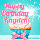 A festive cupcake with pink icing, a gingham bow, and a lit animated sparkler, paired with 'Happy Birthday Kayden!' in bright pink text.