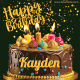 A delightful chocolate birthday cake with bright candles and 'Happy Birthday Kayden' written in gold amidst a shower of animated stars.