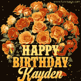 Animated bouquet of orange roses with moving butterfles and golden 'Happy Birthday Kayden' text, surrounded by sparkling accents and a dark backdrop for a luxurious feel.