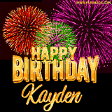 A golden 'Happy Birthday Kayden' message with vibrant fireworks in the background, creating a festive and celebratory vibe in this animated name GIF.