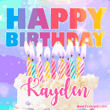 A vibrant animated name GIF with the words 'Happy Birthday Kayden' with colorful candles on a creamy cake. The background sparkles with pastel shades, adding a festive touch.