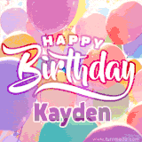 A vibrant name GIF featuring colorful balloons in shades of pink, orange, and yellow with the bold text 'Happy Birthday Kayden' in festive fonts, creating a lively birthday vibe.