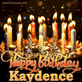 A glowing personalized birthday GIF with name Kaydence featuring lit candles with intricate designs, warm lighting, and the text 'Happy Birthday' in an elegant font.