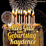 A chocolate birthday cake with glowing candles, the German text 'Alles Gute zum Geburtstag Kaydence,' and vibrant fireworks lighting up the background in an animated GIF.
