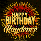 Golden 'Happy Birthday Kaydence' text accompanied by animated rainbow fireworks for a festive animated greeting.