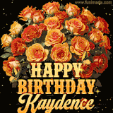 Animated bouquet of orange roses with moving butterfles and golden 'Happy Birthday Kaydence' text, surrounded by sparkling accents and a dark backdrop for a luxurious feel.