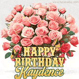 Golden 'Happy Birthday Kaydence' text beneath a vibrant bouquet of orange roses, complete with glittering butterflies and sparkling details.