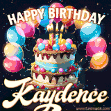 Bright birthday animation for Kaydence with a chocolate cake, candles, balloons, and glowing celebratory lights.