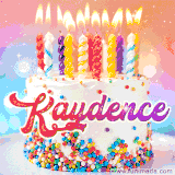 A cheerful white birthday cake with multicolor sprinkles, lit candles, and 'Kaydence' written in vibrant letters, in an animated GIF.