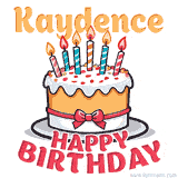 Cartoon birthday cake with a red bow, glowing candles, and 'Kaydence Happy Birthday' text in bold animated style.