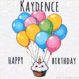 An adorable and cute cupcake with a smiley face and moving colorful balloons create a joyful birthday greeting for Kaydence in this cheerful animated greeting E-card.