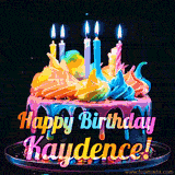 A mesmerizing animated cake with multicolor frosting and candles, and the words 'Happy Birthday Kaydence' on the black background.