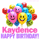 Animated colorful and joyful birthday balloons with cheerful smiles and a bright 'Happy Birthday Kaydence!' message in pink and purple.