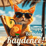 An animated orange cat wearing sunglasses, sitting on a beach chair with a tropical drink, with a festive 'Happy Birthday Kaydence!' message.