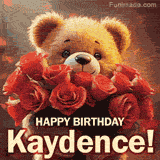 Cinematic style cute animated teddy bear with charming features holding a large bouquet of red roses, the words say 'Happy Birthday Kaydence' in sans serif font.