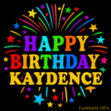 Personalized greeting card with name, colorful text that says 'Happy Birthday Kaydence' surrounded by animated fireworks and multicolor stars