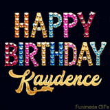 Vibrant luxury birthday greeting card for Kaydence, showing glittering gemstone letters and golden calligraphy on a dark background with twinkling shine effects.