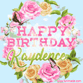 A charming animated GIF featuring 'Happy Birthday Kaydence' in pink and green text, surrounded by delicate roses, leaves, and fluttering butterflies on a soft light blue pastel background.