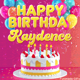 Pink-themed animated greeting with balloons, confetti, and a frosted cake under the message 'Happy Birthday Kaydence' in bold rounded yellow font.