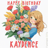 Bright floral birthday animation for Kaydence showing a cute cartoon girl with golden hair and expressive eyes holding a huge bouquet, surrounded by birthday text.