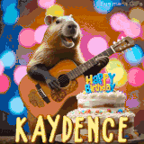 Animated birthday GIF showing a capybara playing guitar and singing beside a birthday cake with the name Kaydence in large letters and colorful bokeh lights in the background.