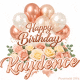 Floral Happy Birthday Kaydence GIF featuring blooming roses and floating balloons