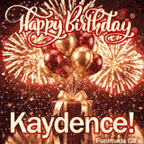 Happy Birthday Kaydence animated image with metallic spheres floating above a luxury gift box during fireworks.