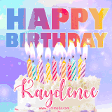 A vibrant animated name GIF with the words 'Happy Birthday Kaydence' with colorful candles on a creamy cake. The background sparkles with pastel shades, adding a festive touch.