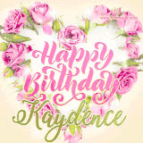 A stunning heart made of pink roses surrounds the elegant script text 'Happy Birthday Kaydence' on a soft beige background. Animated sparkles add a magical and festive feel.