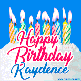 A cheerful animated GIF featuring colorful lit birthday candles on a white cake, with the text 'Happy Birthday Kaydence' in bold red and blue script on a bright blue background.