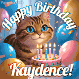 A playful tabby cat sits behind a colorful birthday cake surrounded by balloons and confetti, with 'Happy Birthday Kaydence!' written above in festive letters.