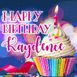 A festive animated GIF featuring a colorful cupcake with a single lit candle, sprinkles, and 'Happy Birthday Kaydence' text against a sparkling, celebratory background.