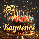 A customized birthday greeting card for Kaydence showing a chocolate frosted cake under falling gold dust.